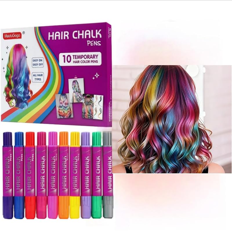 Hair Chalk Pens Set - 10 Washable Colors with Glitter