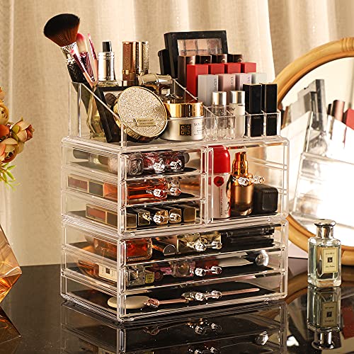 Cq acrylic 3 Pack Clear Make Up Organizers for Vanity,Stackable 7 Drawers Make Up Organizer,Cute Desk Organizer for Vanity Jewelry,Hair Clip,Beauty,Skincare Product Dresser Acrylic Drawer Organizer
