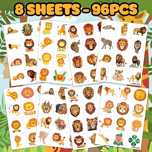 96 Lion Temporary Tattoos - Safari Party Supplies for Kids