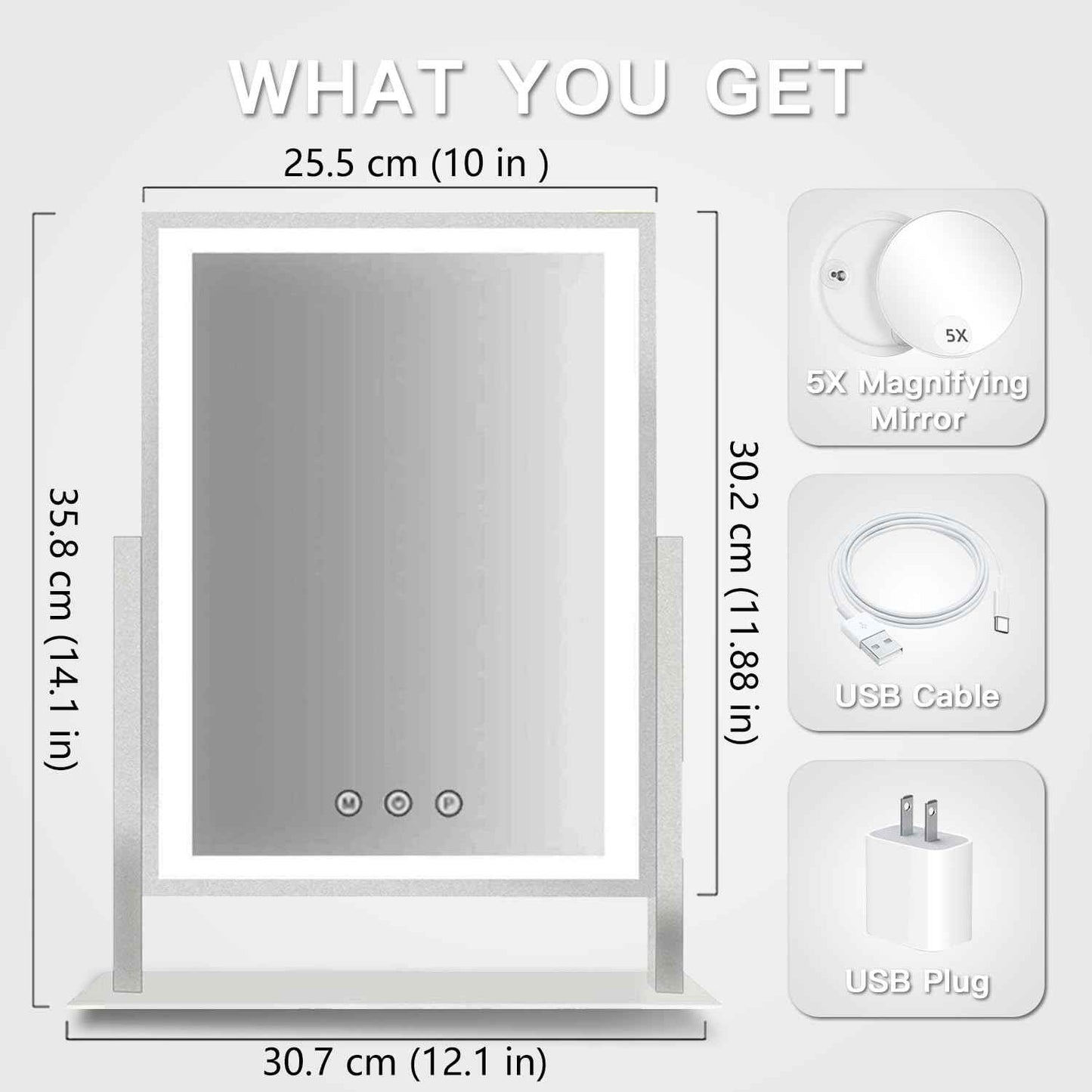 HIEEY Lighted Makeup Mirror, Hollywood Vanity Mirror with Lights, Three Color Lighting Modes, and 5X Magnification Mirror, Smart Touch Control, 360°Rotation (14.1in,White,Gift Box)