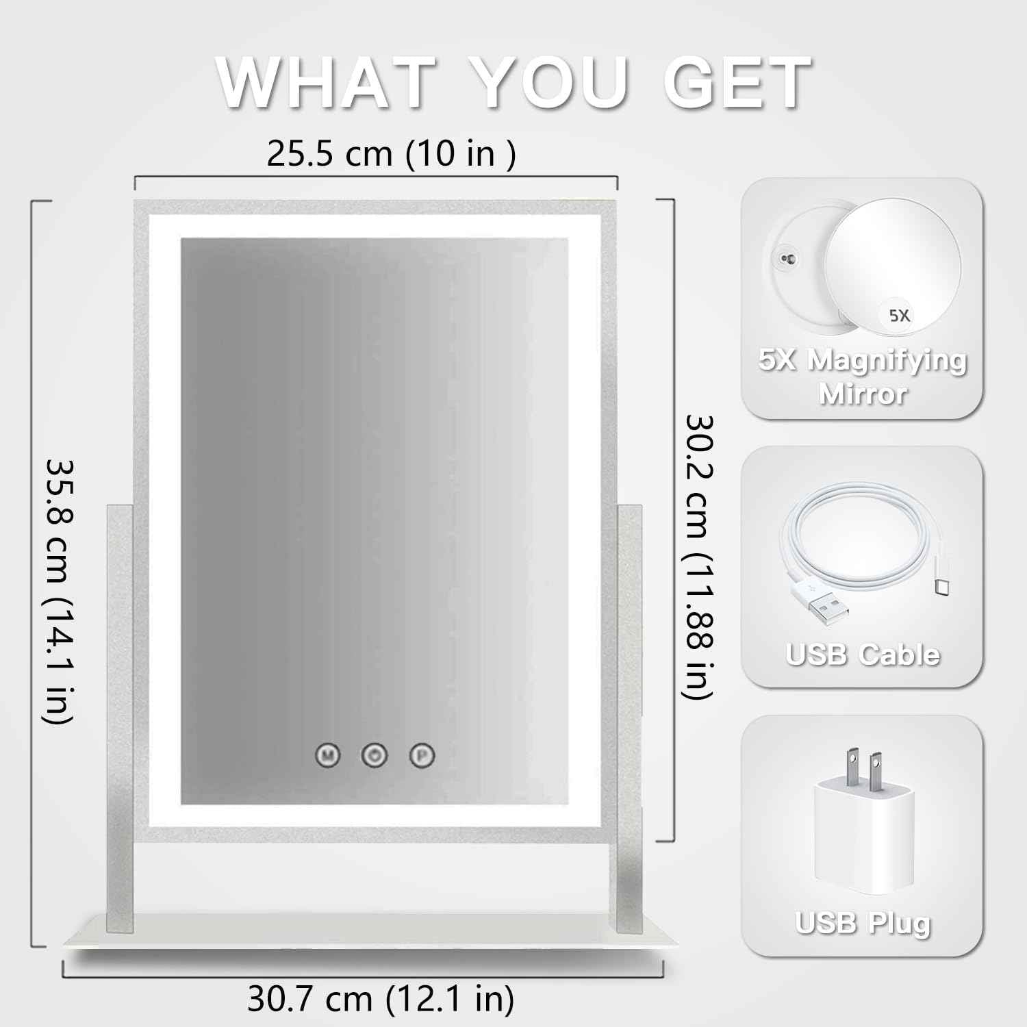 HIEEY Lighted Makeup Mirror, Hollywood Vanity Mirror with Lights, Three Color Lighting Modes, and 5X Magnification Mirror, Smart Touch Control, 360°Rotation (14.1in,White,Gift Box)