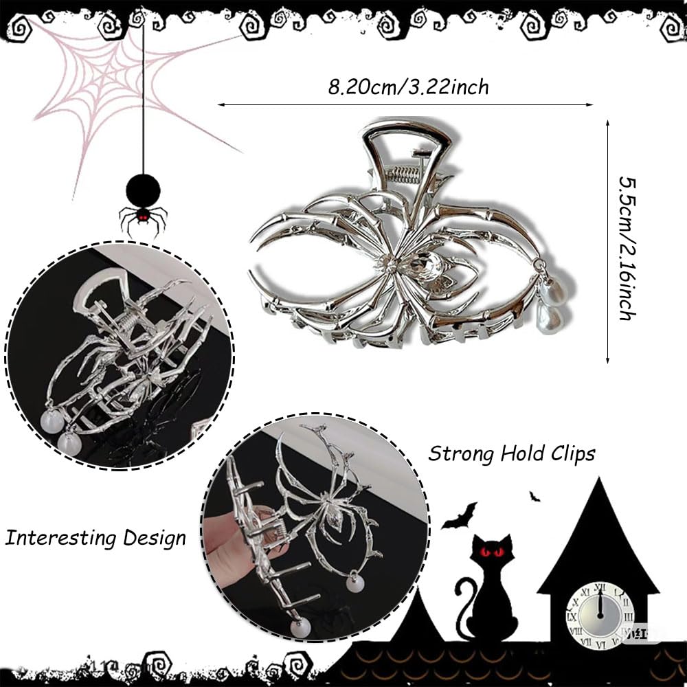 Halloween Hair Claw Clips Metal Sliver Spider Hair Clips for Thick or Thin Hair Punk Spider Hair Clamp Clips with Pearl Design Strong Hold Jaw Clips for Women Halloween Hair Accessories 1 Pack