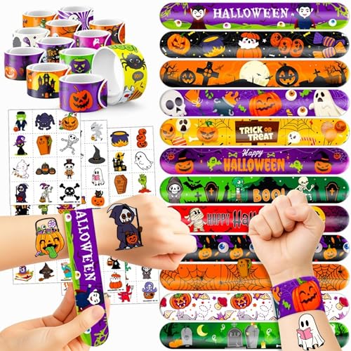144PCS Halloween - 72 Temporary Pre-Cut Tattoos & 72 Slap Bracelets Halloween-Themed Birthday Supplies, Baby Shower Gifts, Classroom Rewards & Party Decor for Kids (Boys & Girls)