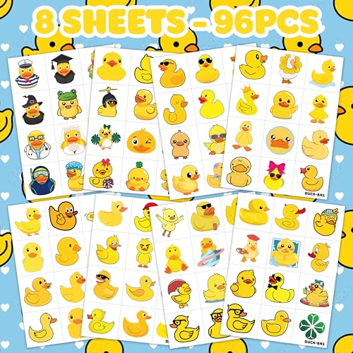 8 Sheets (96PCS) Rubber Duck Temporary Tattoos ? Baby Shower & Birthday Party Decorations, Cute Duck Themed Supplies, Stickers, Favors for Kids Girls Boys Classroom Prizes