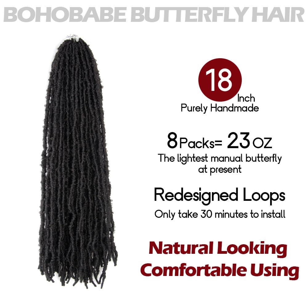 BOHOBABE 18 Inch Light Weight Butterfly Locs Crochet Hair 8 Packs Long Black Distressed Butterfly Faux Locs Crochet Hair, 2#