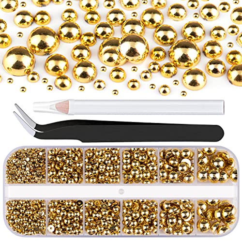 Belleboost Gold Flatback Pearls for Nails - 6 Sizes Nail Art Kit with Tools