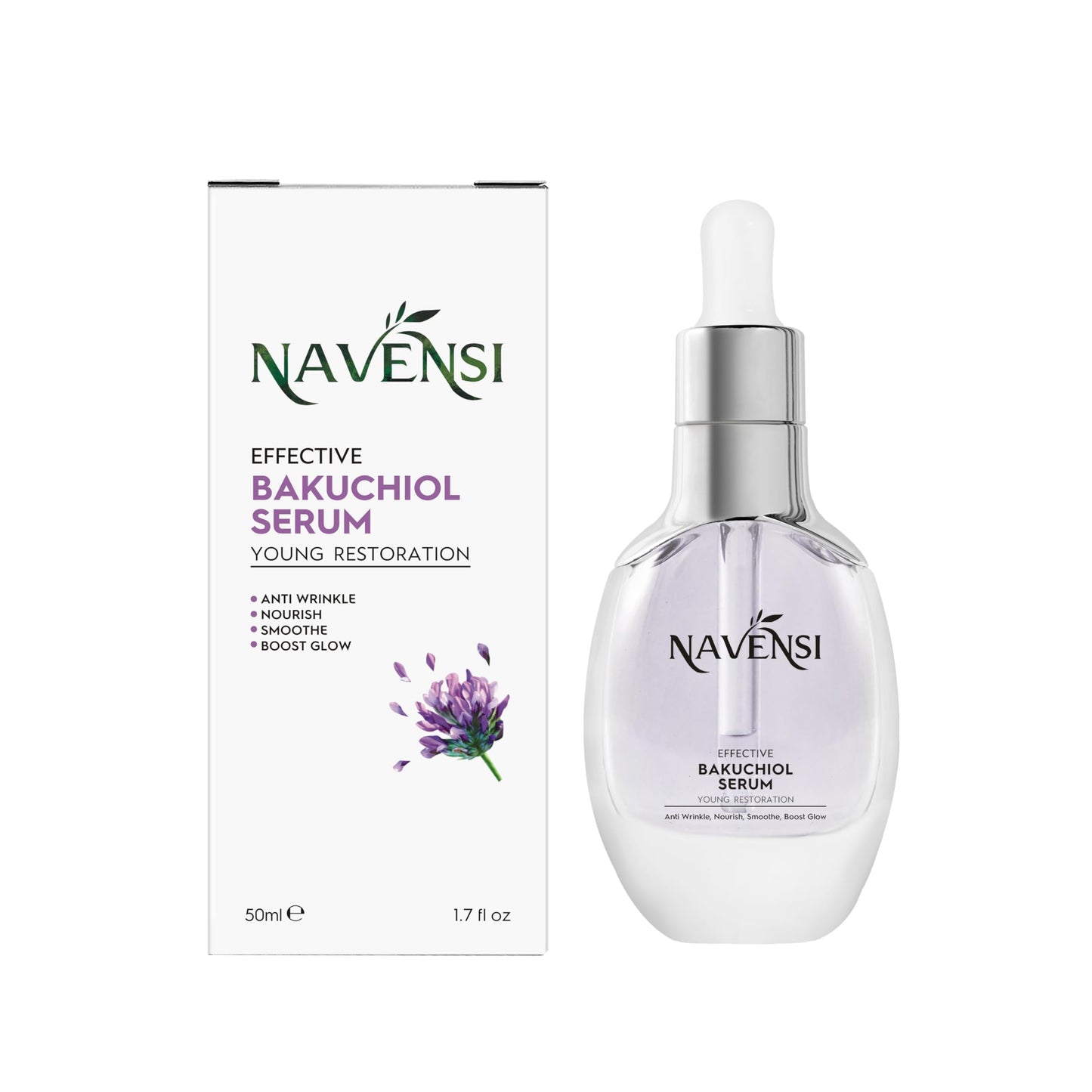 Navensi Bakuchiol Serum 50ml Natural Retinol Alternative with Hyaluronic Acid & Vitamin C Anti-Aging Face Serum for Fine Lines, Wrinkles & Dark Spots Hydrating, Firming & Brightening
