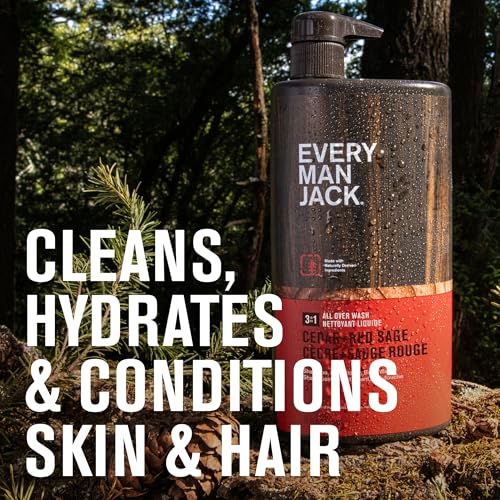 Every Man Jack Cedar + Red Sage Hydrating Mens 3-in-1 All Over Wash for All Skin and Hair Types - Body Wash, Shampoo and Conditioner with Naturally Derived Ingredients - 28.8oz (2 Pack)