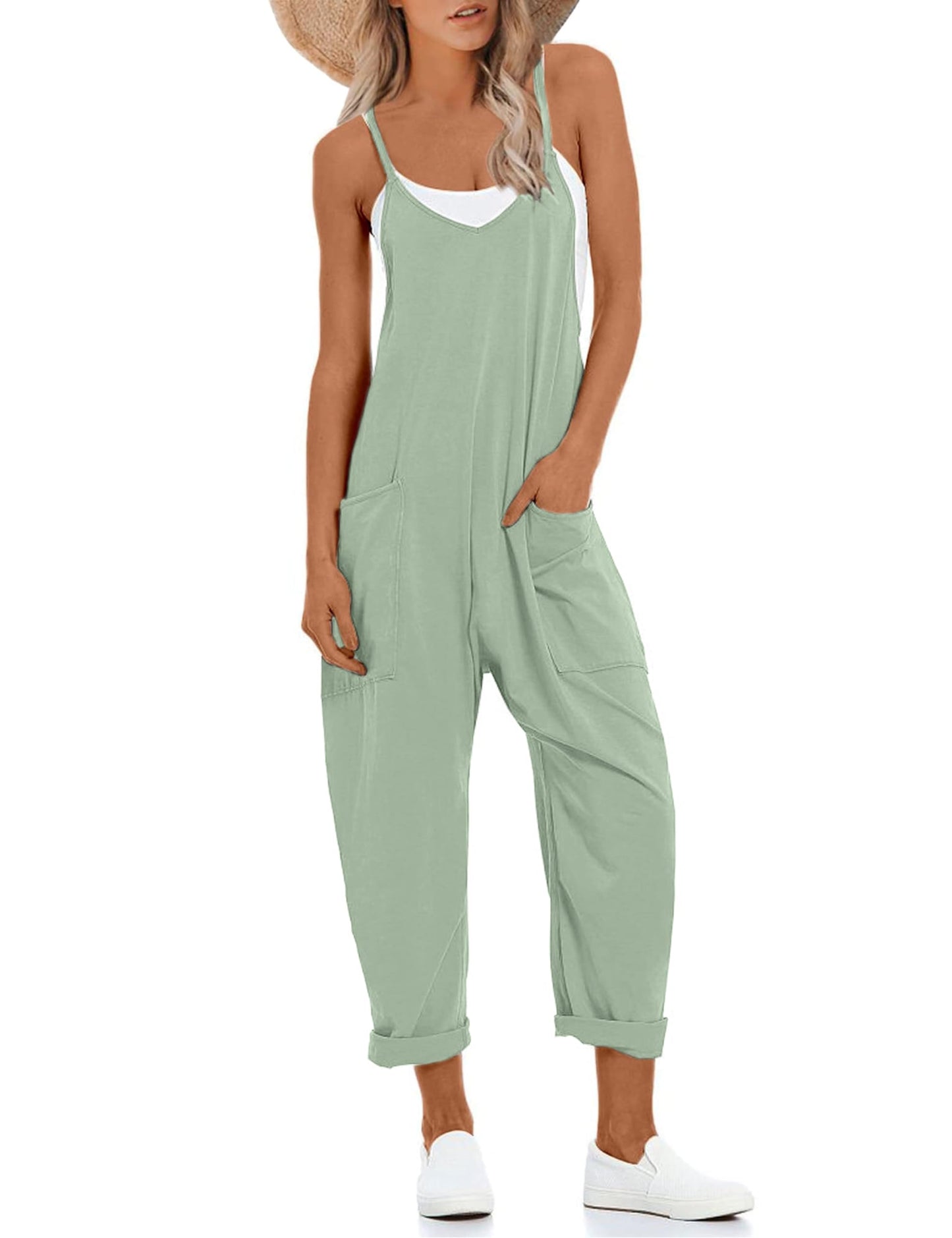 Lentta Women's Causal Jumpsuits V Neck Sleeveless Harem Overalls Stretchy Adjustable Strap Romper with Pockets(PeaGreen-S)