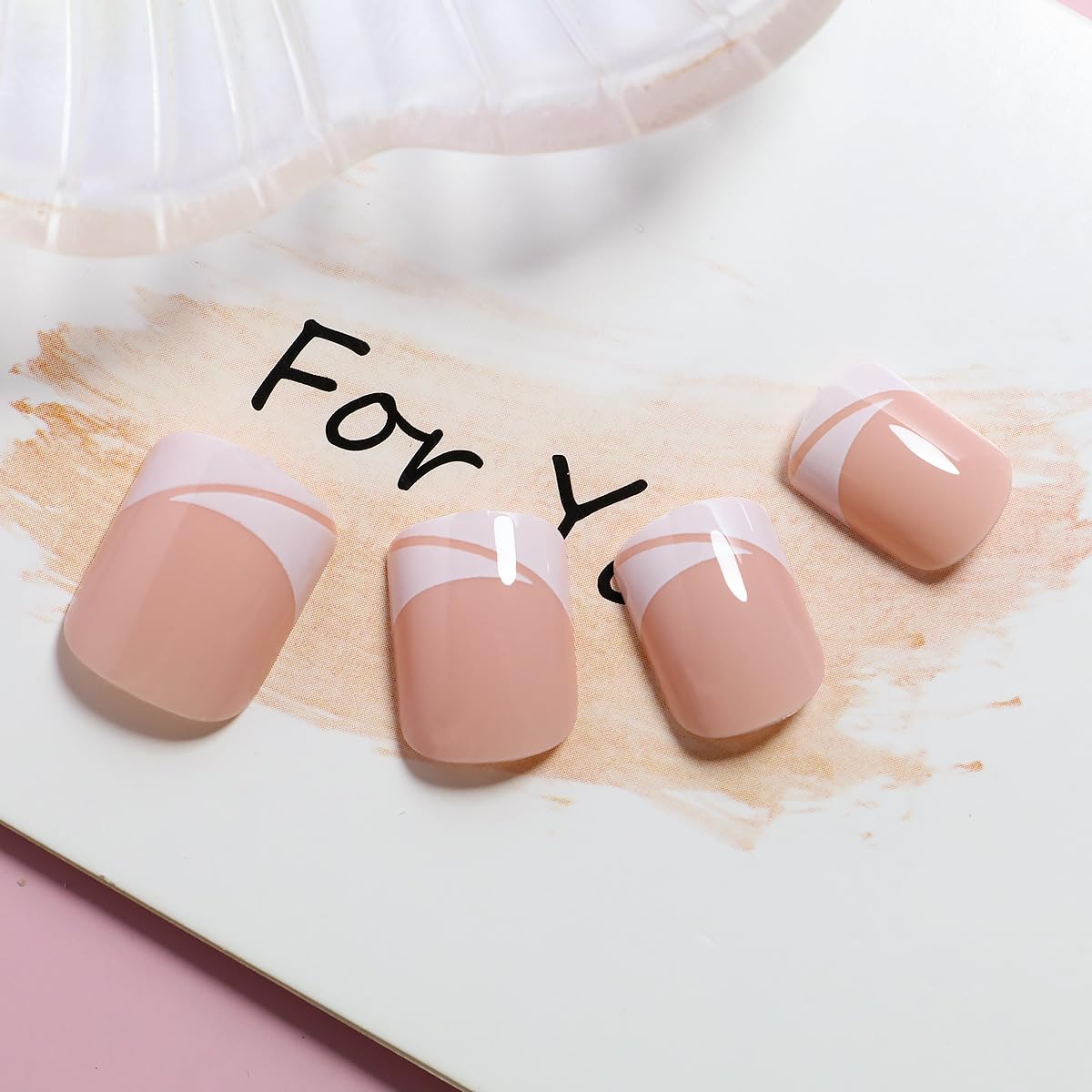 Press on Nails Square Short Fake Nails with Acrylic Nude Design French False Nails Glossy Nude Glue on Nails Artificial Stick on Nails for Women 24Pcs (fuldgaenr)