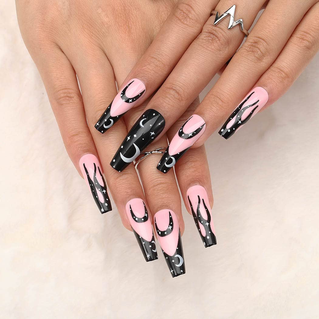 Gangel Extra Long Press on Nails Ballerina False Nails Glossy Coffin Fake Nail Gothic Full Cover Moon Stars Fake Nails Acrylic Daily Wear Party Gifts for Women and Girls 24Pcs (Moon)