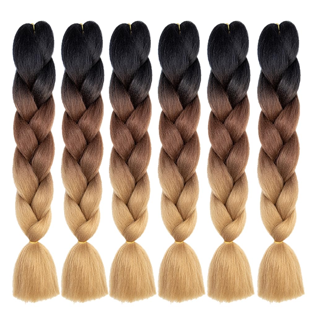 BALINGHAIR Braiding Hair Extensions Ombre Brown Professional High Temperature Kanekalon Braids Hair 24 Inch(C14-6Packs)