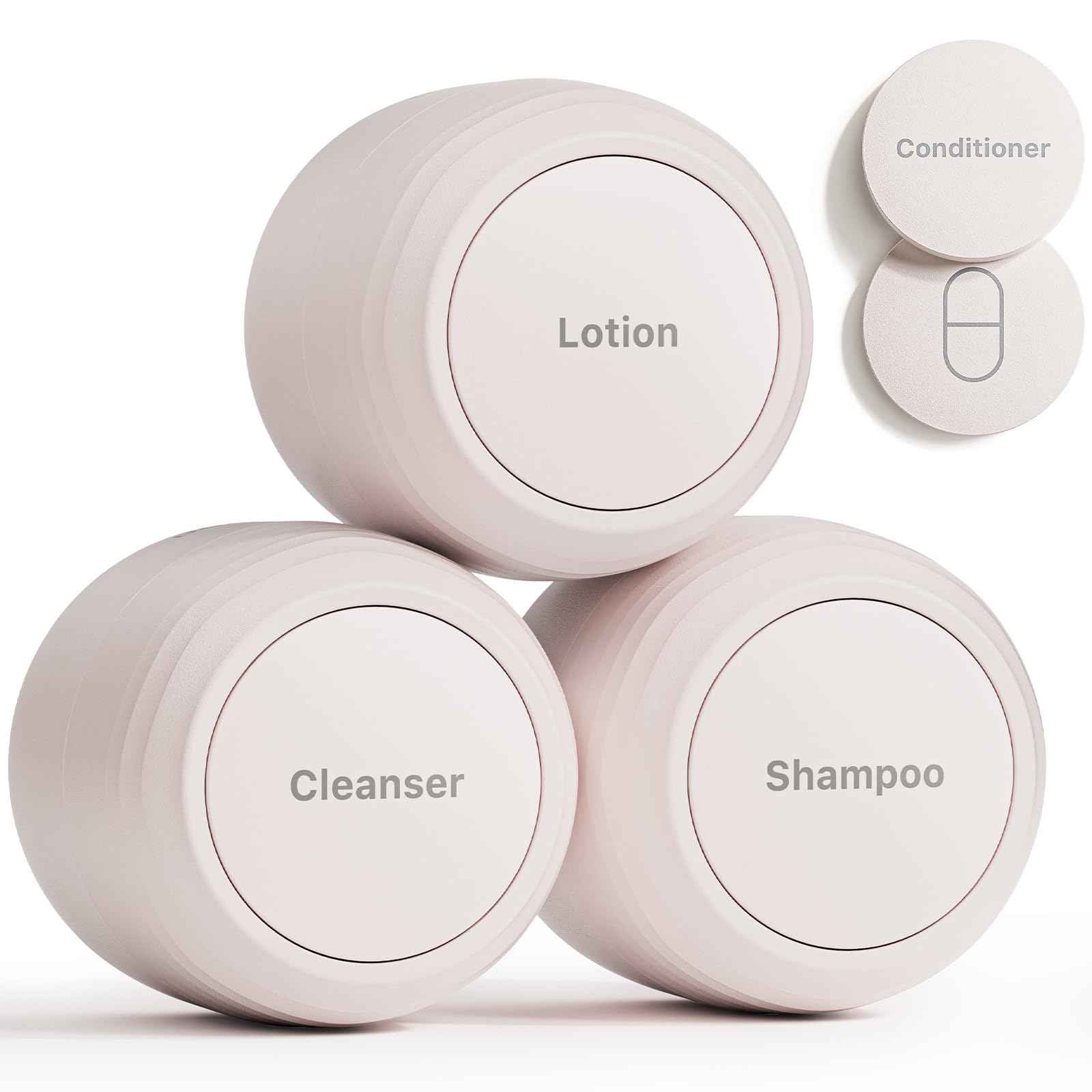 Trimcoo New Travel Toiletry Containers [Ultra Leakproof] TSA-Approved, PLA Hard Shell Jars with 5 Magnetic Labels, Wide Mouth Bottles for Lotion, Cleanser, Shampoo, Conditioner, Beige, 3 Pack, 1OZ