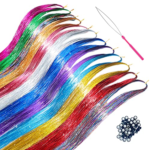 Hair Tinsel kit Fairy Hair Tinsel Kit 47 Inch Hair Extensions Hair Tinsel Kit Strands with Tool 12 Colors 2280 Strands Sparkling Glitter Fairy Hair Tinsel (12 Colors)