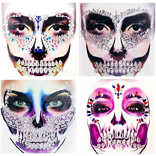 4 Packs PADOUN Face Gems Jewels, Day of The Died Skull Temporary Rhinestone Face Tattoo, Face Stickers Gems Jewels for Halloween