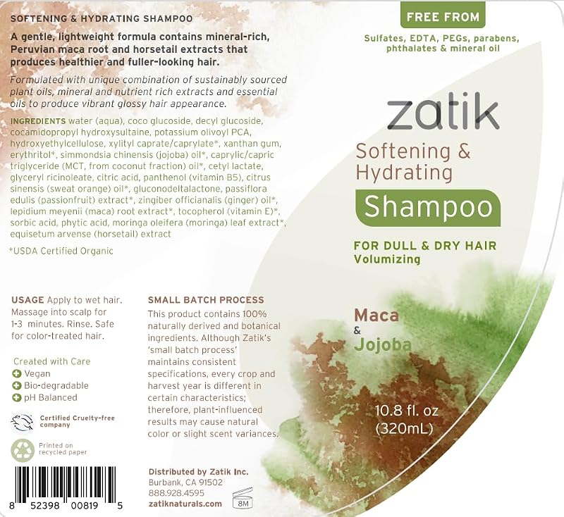 Zatik Natural Sulfate-Free Shampoo & Conditioner Set with Jojoba & Maca - Hydrating Hair Care