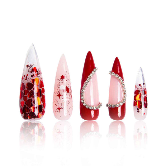 LOVFUL Press on Nails Love Day Exclusive | Handmade with Full Covered Crystals | Reusable Full Cover Nails | Stiletto Mid Length 1.7 in | H154-S