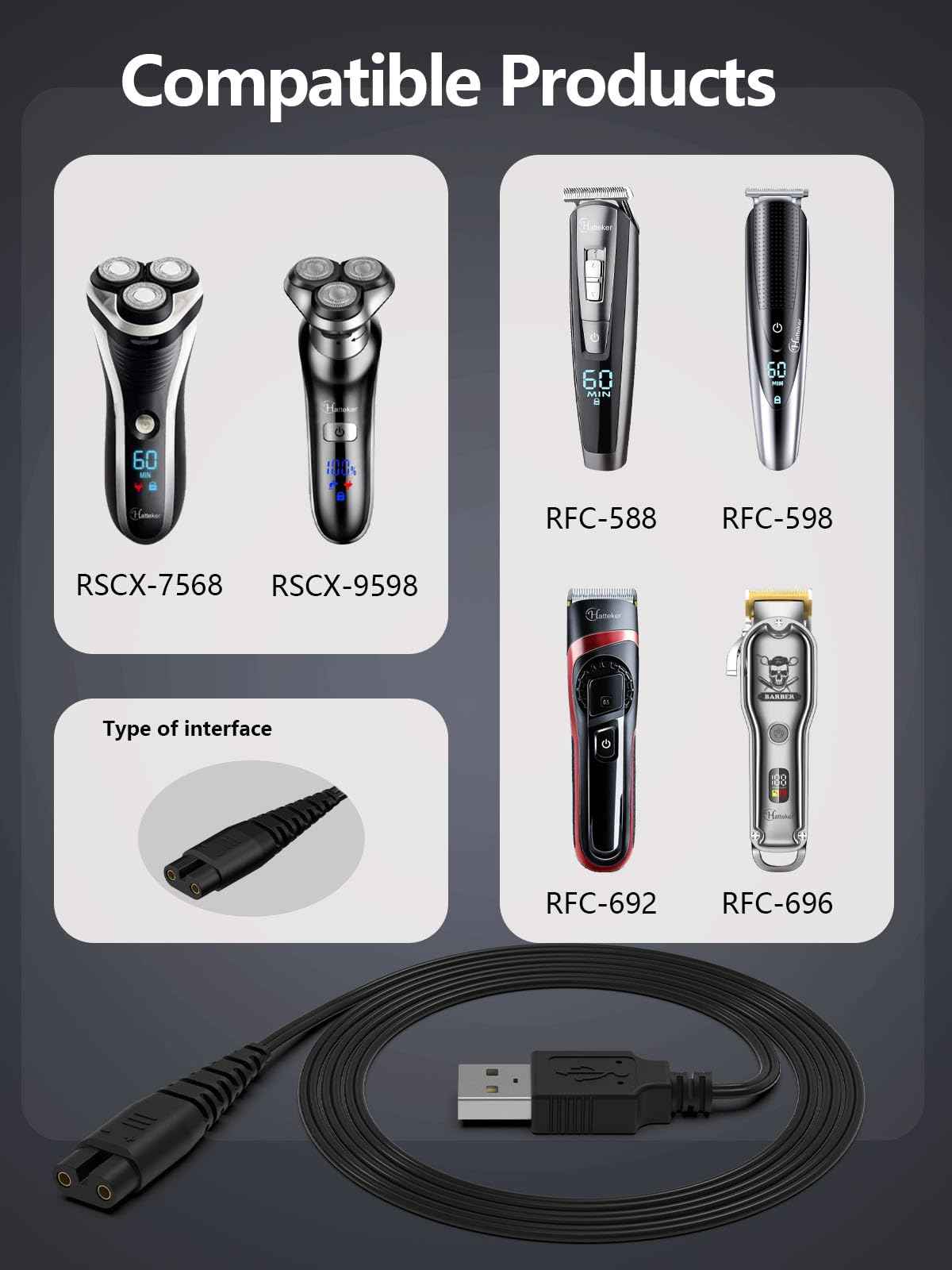 USB Charger Cord Compatible with Hatteker Cordless Pro Hair Clippers Beard Trimmer RFC-588 RFC-598 RFC-690 RFC-692 RFC-696 RSCX-7568 RSCX-9598 Shaver Razor Power Charging Cable Replacement Black 5FT