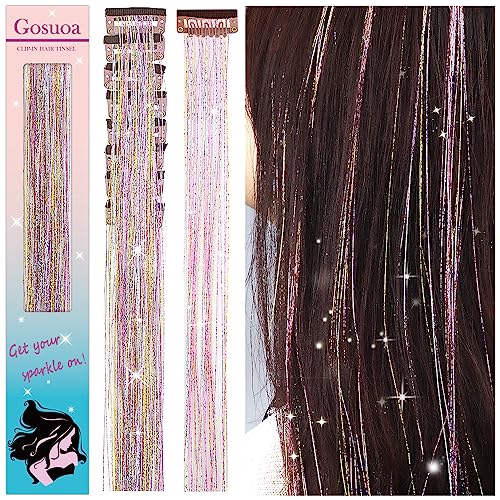 Gosuoa Pack of 8 Pcs Hair Tinsel Clip in, 19.6 Inch Heat Resistant Tinsel Hair Extensions Clip in, Sparkle Fairy Hair Tinsel Kit for Women Girls Hair Accessories(Galaxy)