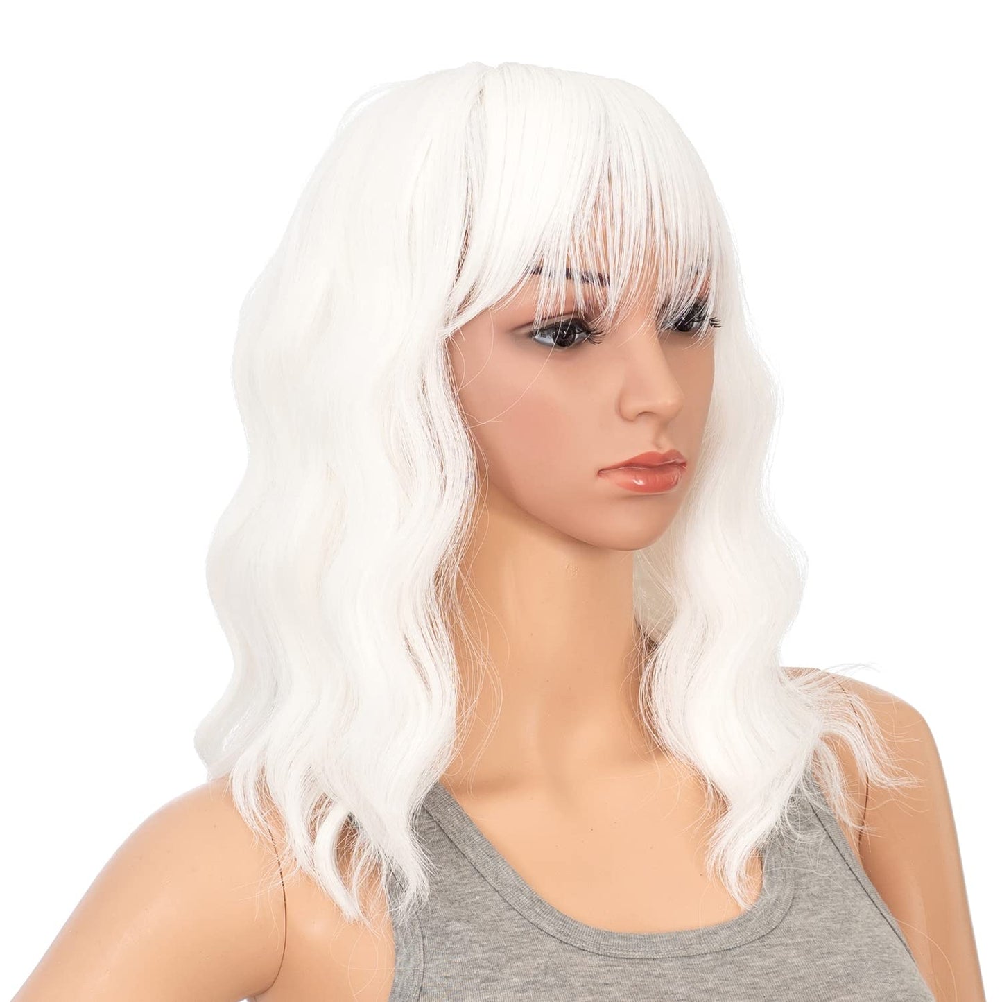 SWACC Short Curly Wavy Bob Wig with Bangs Synthetic Medium Shoulder Length Hair Wig for Women with Wig Cap (White)