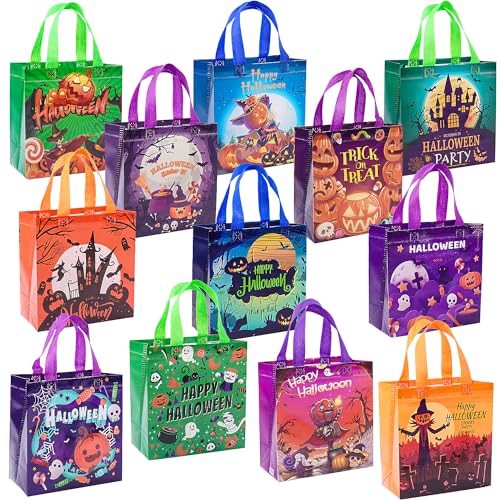 12PCS Halloween Trick or Treat Bags with Handles - Reusable Non-Woven Gift Bags for Kids & Parties