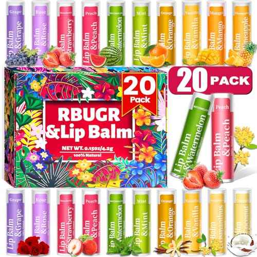 20 Pack Lip Balm, 12 Flavored Natural Lip Balm Bulk Set, Moisturizing Bulk Mini Balm Pack for Dry Cracked Lips,Hydrating for Gifts Party Favors(4.2g/0.15oz)