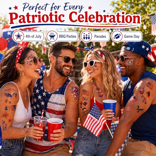 100 Patriotic Temporary Tattoos + Glitter Gel Stick Kit