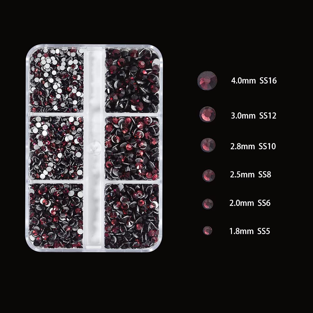 6Grids 3000Pcs Flatback Rhinestones, Dark Purple Nail Gems Crystals Jewels, Craft Glass Diamonds Stones Bling Rhinestone with Tweezers and Picking Pen for Nail Face Makeup(1.8mm~4mm Crystal)