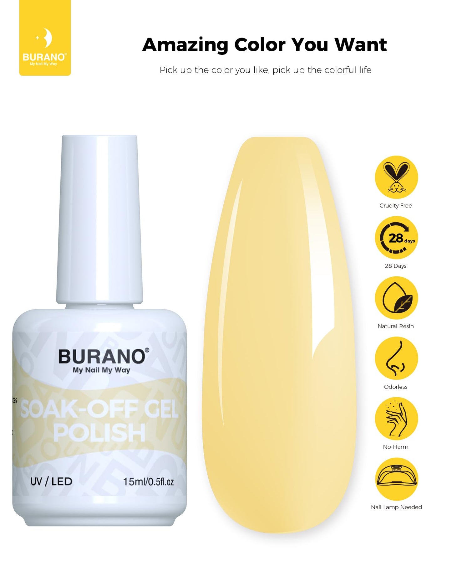 BURANO Gel Nail Polish, Gel Gel Polish 15ml Gel Colors Gel Neon Gel Soak Off UV Led Nail Lamp Gel Polish 1 Bottle 0.5 Oz Nail Art DIY Home Hot Color Nails (Cheese Yellow 772)