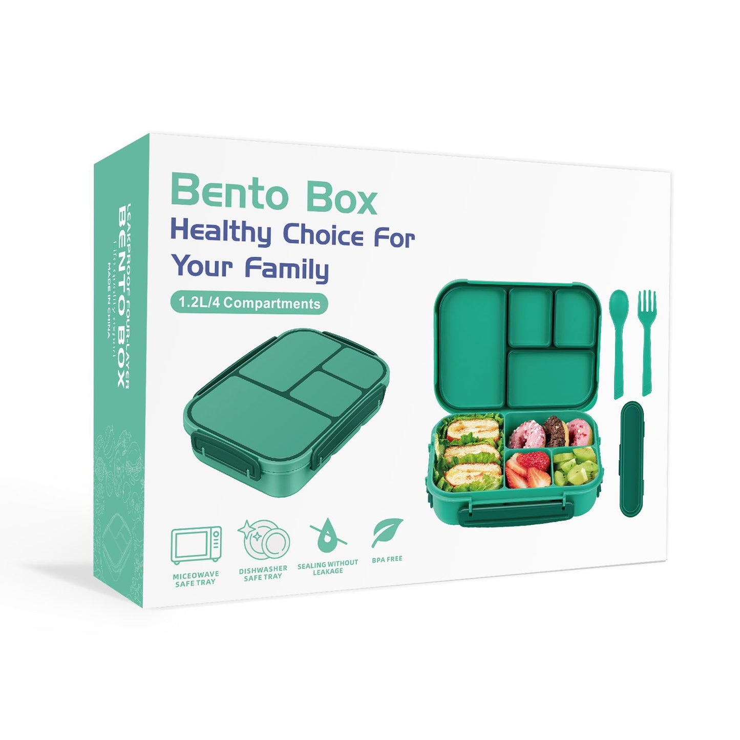 Amathley Lunch Box Kids,Bento Box Adult,Leakproof Lunch Containers for Adults/Kids/Toddler,1200ML-4 Compartments bento Lunch box with Utensil,Microwave & Dishwasher & Freezer Safe (Green)