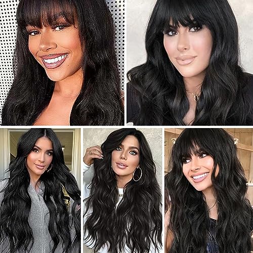 HAIRCUBE Black Wig with Bangs for Women Long Wavy Hair Wig Black Wig Curly Wavy Synthetic Wigs for Girls Daily Party Use