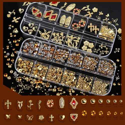 Teenitor Gold Nail Charms and Gems Set, 4 Boxes Nail Gems Nail Pearls Nail Art Tools, 3D Cross Nail Charms Heart Nail Rhinestones for Nails Supplies, Charms for Nails Design Nail Art Kit