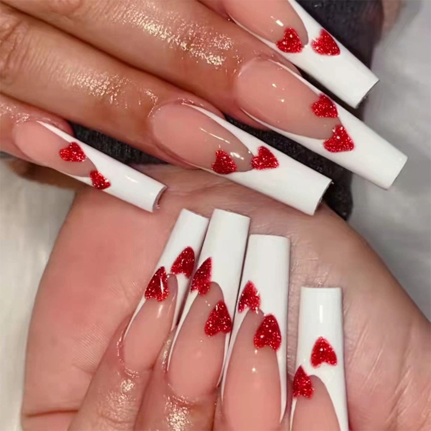 24 Pcs Heart Press on Nails Long Ballet Fake Nails Wine Red Heart Shining Glue on Nails Glossy False Nails with Designs Full Cover White Acrylic Valentines Nails for Women Girls Manicure Decorations