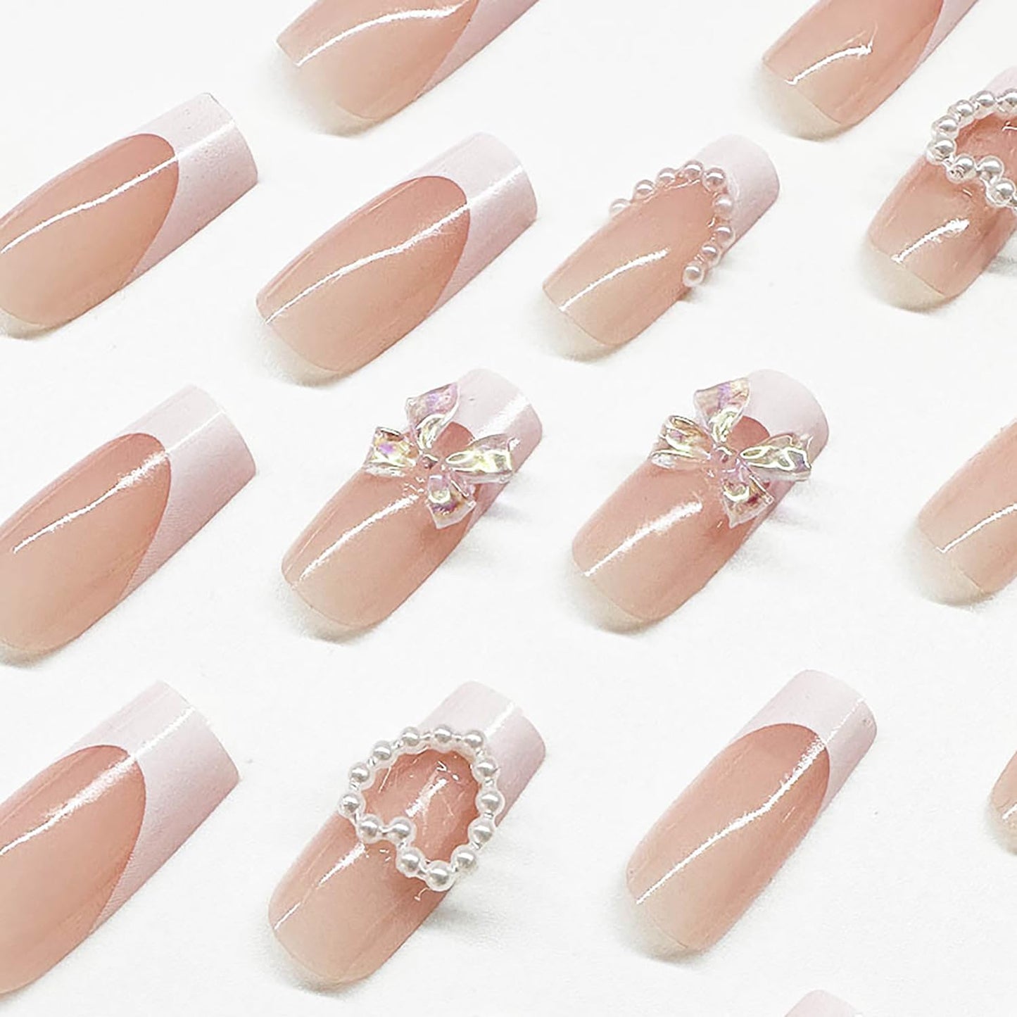 24 Pcs Long Square Press on Nails White French Fake Nails Nude Pink False Nails with Bow Knot Love Heart Pearl Designs Glossy Stick on Nails Artificial Nails for Women Girls