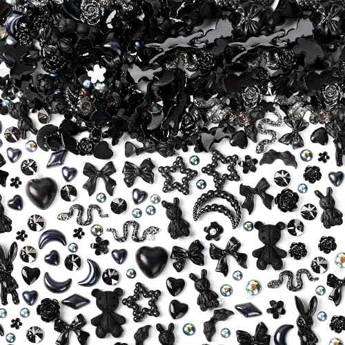 110 Pieces 3D Nail Charms for Acrylic Nails, Camellia Rose Flower Butterfly Bowknot Heart Bear Rabbit Star Charms for Nail Art Designs DIY Accessories Craft(Black+2)