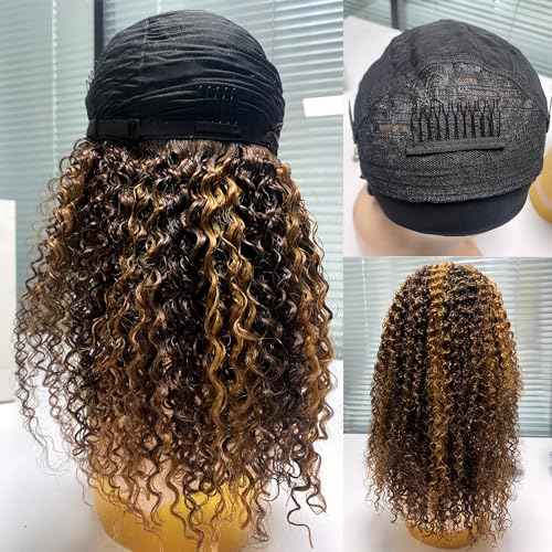 XSY Highlight Ombre kinky Curly Headband Wig Human Hair 20 Inch Headband Wigs For Women Human Hair Glueless None Lace Front Curly Wave Wigs Brazilian Virgin Hair Wear And Go Glueless Wig 150% Density