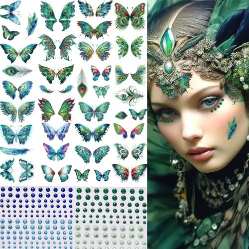 Butterfly Temporary Tattoos with Rhinestone Face Gems - 14 Sheets