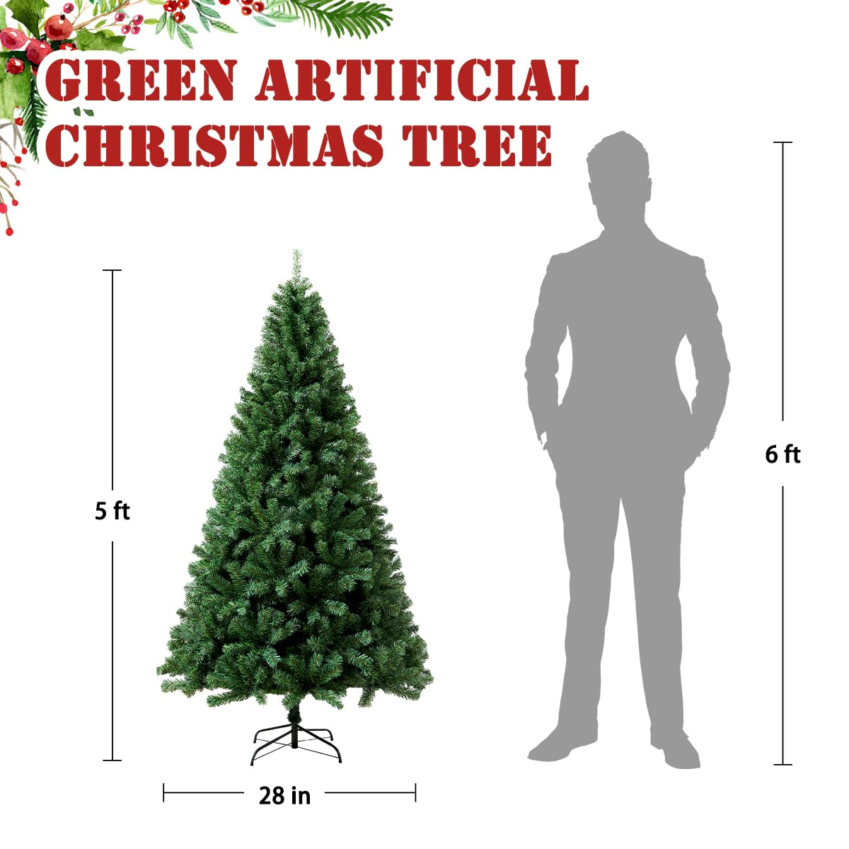 5FT Premium Christmas Tree, Small Spruce Artificial Holiday Xmas Tree with 600 PVC Branch Tips & Foldable Metal Stand for Home, Office, Party Decoration,Green