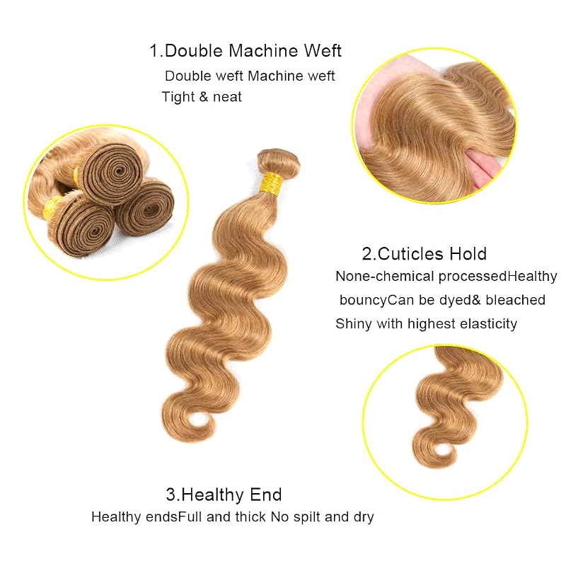 Honey Blonde Body Wave Human Hair Bundles 8-10-12 Inch