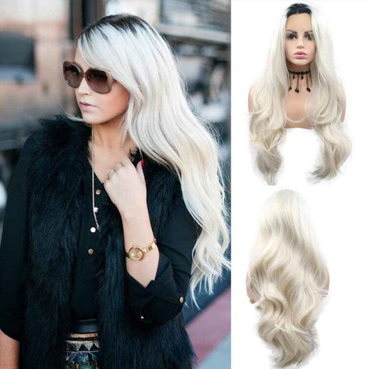 sylvia Black to Platinum White Hair Synthetic Lace Front Wigs Long Natural Wave Realistic Hairline Soft Glueless Half Hand Tied Wig 180% Density Heat Resistant Hair Replacement for Women…