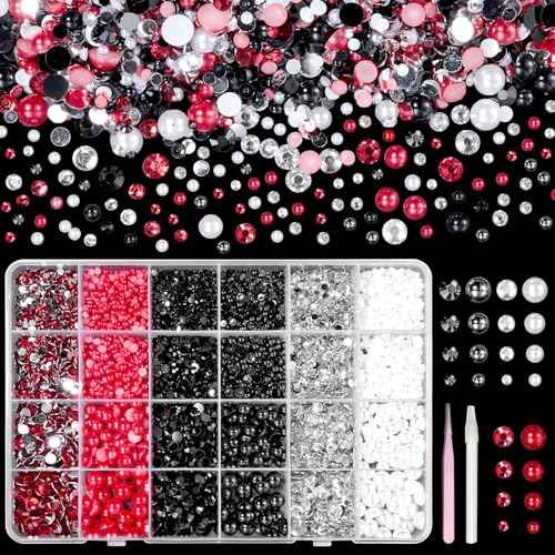 9000 Pcs Flatback Pearls and Jelly Resin Rhinestones for Crafting, Red White Black Mixed Size 3-8mm Jelly Rhinestones and Pearls Nail Jewels, Bedazzling Crystal Nails Art, Tweezer and Pickup Pencil