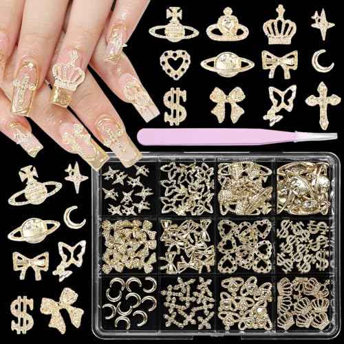 120 Pcs 12Styles 3D Gold Alloy Nail Charms Kit, Dollar Crown Butterfly Metal Nail Charms, Shiny Bows Planet Cross Heart Nail Charms Moon Star Charms for Nail DIY Decor