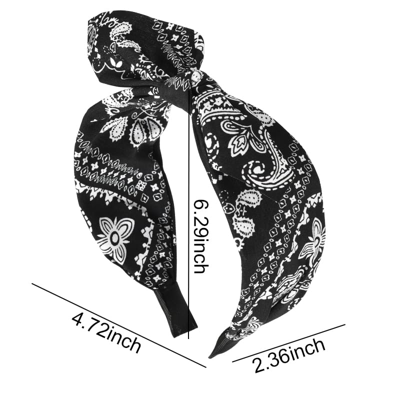 Boho Paisley Bandana Headbands with Knotted Bow and Rabbit Ear Design for Women and Girls - Black Bowknot Hairband Accessories