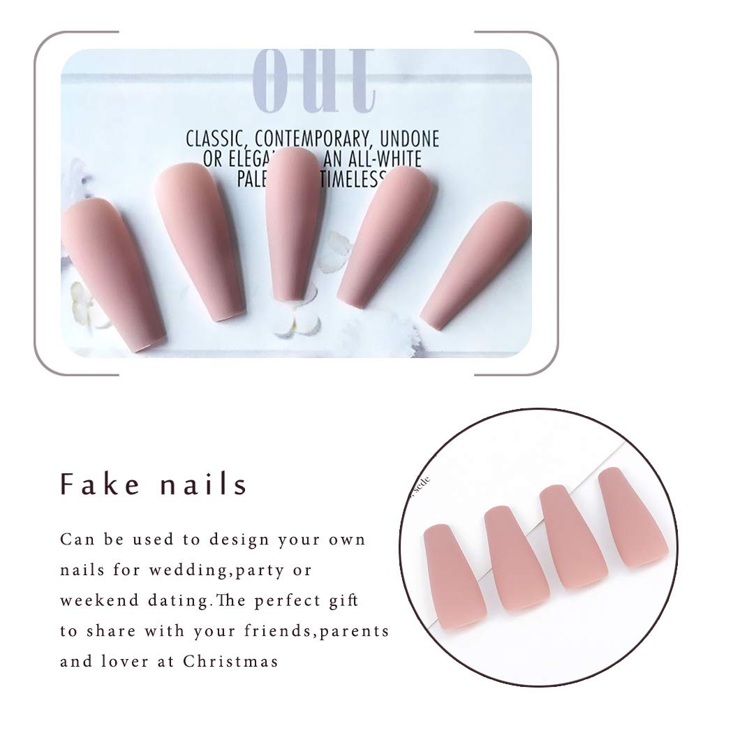 Gangel Extra Long False Nails Matte Fake Nail Full Cover Pure Fake Nails Ballerina Acrylic Coffin Press on Nails Daily Wear Party Gifts for Women and Girls 24Pcs (NUDE)