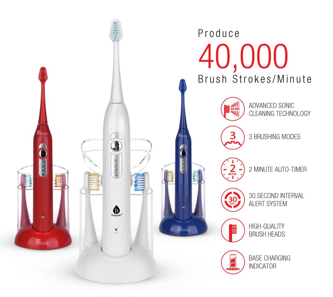 Pursonic S430 High Power Rechargeable Electric Sonic Toothbrush with 12 Brush Heads & Storage Charger, Blue