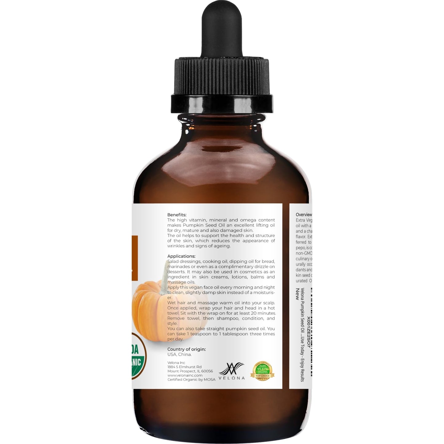 velona Pumpkin Seed Oil USDA Certified Organic - 4 fl oz | 100% Pure and Natural Carrier Oil | Unrefined, Cold Pressed | Cooking, Face, Hair, Body & Skin Care | Use Today - Enjoy Results