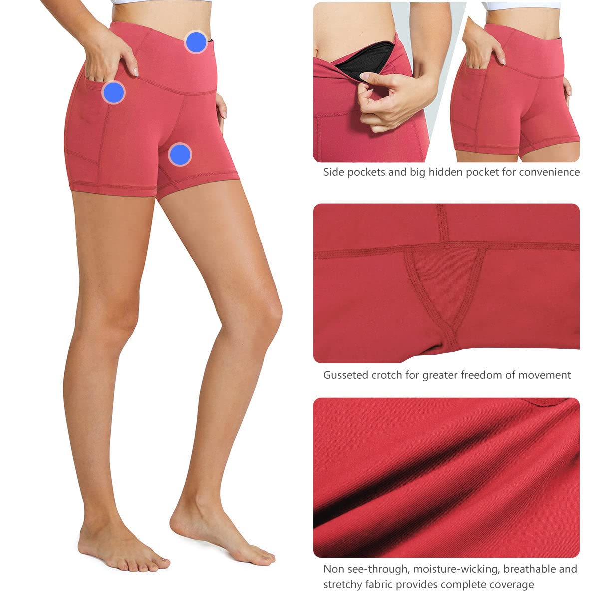 BALEAF Biker Shorts Women Yoga Gym Workout Spandex Running Volleyball Tummy Control Compression Shorts with Pockets 5" Coral XS