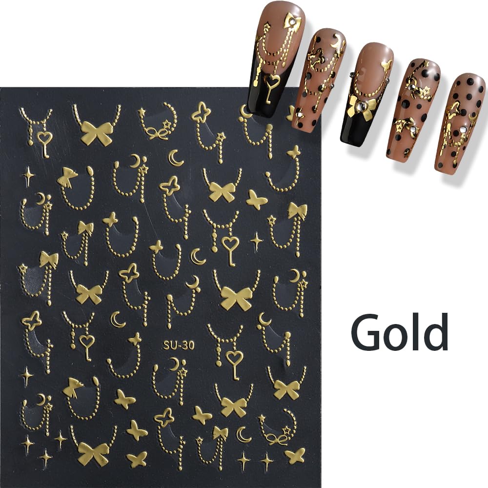 Silver Gold Bow Heart Nail Art Stickers, 6 Sheets 3D Self-Adhesive Nail Decals Nail Art Design Shiny Bow Heart Nail Sticker Supplies Decoration for Women and Girls Nail Art Accessories