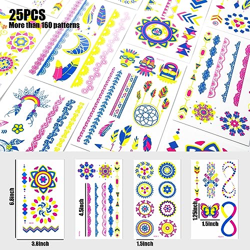 Koogel 25 Sheets Glow in Dark Temporary Tattoos, 160PCS Glow Tattoo Stickers Waterproof UV Neon Face Tattoos for Boys Girls Women Men Party Supplies