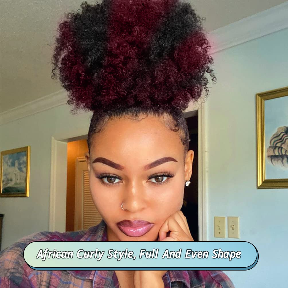 ISWEET Afro Puff Drawstring Ponytail, Curly Afro Bun Extensions Synthetic Ombre Red Hair, Short Afro Hairpieces Updo hair for Black Women (#T1B99J)